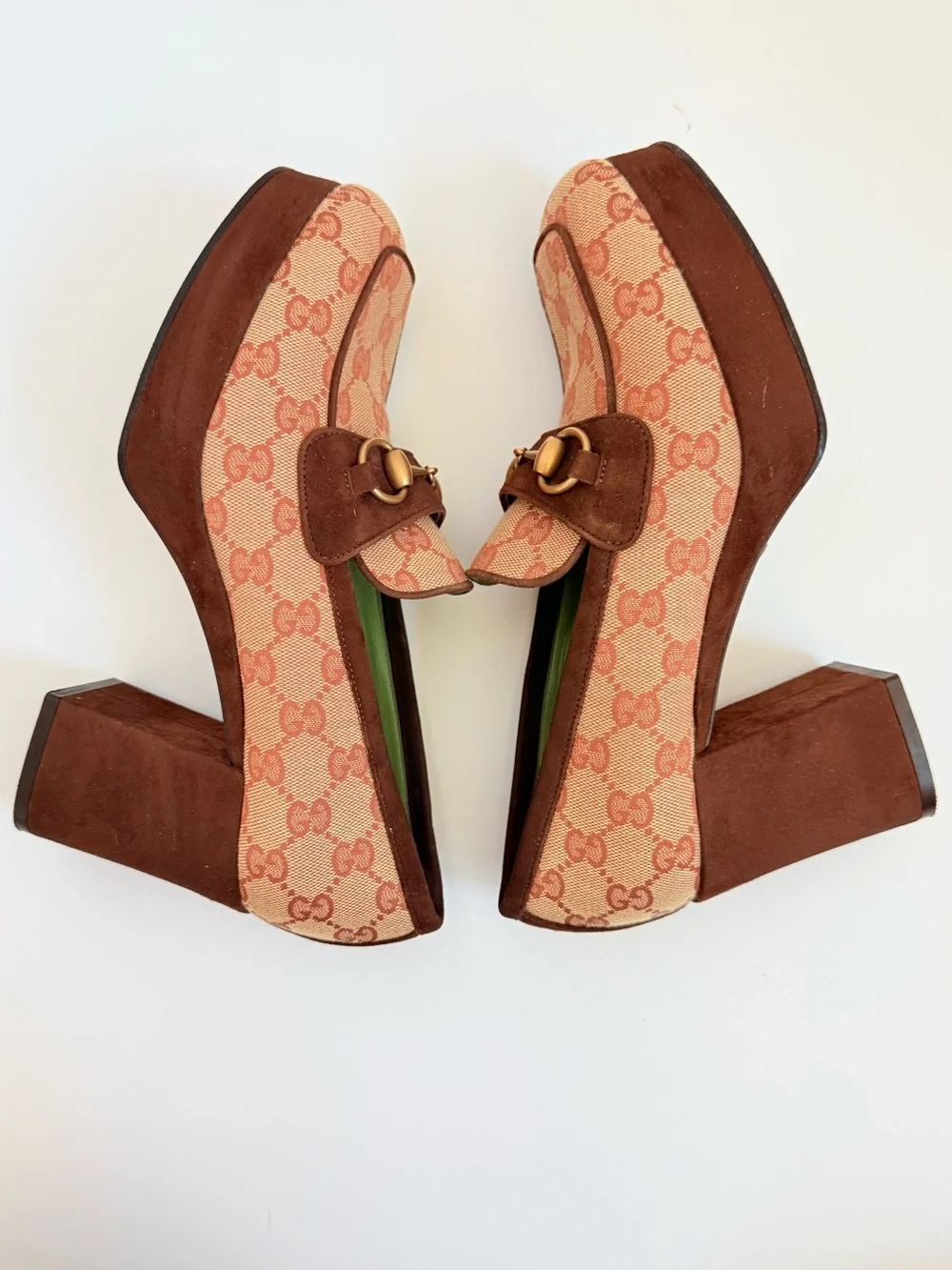 Gucci Horsebit GG Canvas Platform Pumps Monogram Brown Suede Block Heels EU 39 - Picture 5 of 11